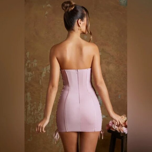 Oh Polly Emira Satin Lace-Up Corset Bandeau Micro Mini Dress 8 Mauve Bodycon - Picture 14 of 14